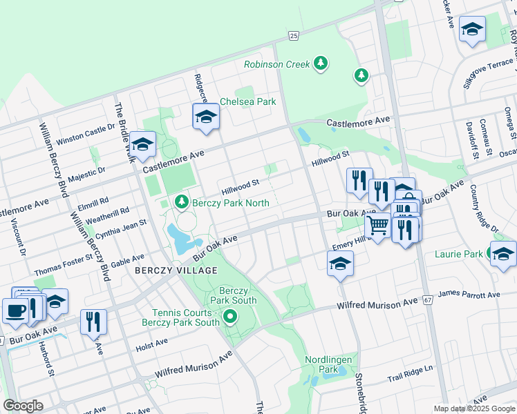 map of restaurants, bars, coffee shops, grocery stores, and more near 58 Warren Bradley Street in Markham