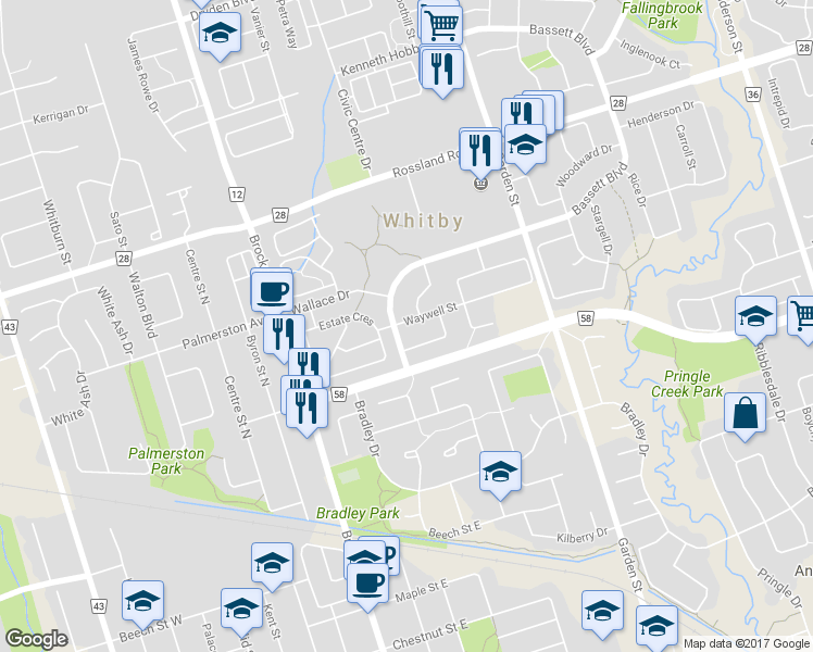 map of restaurants, bars, coffee shops, grocery stores, and more near 23 Waywell Street in Whitby