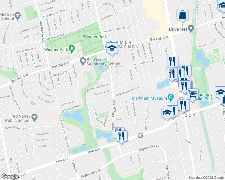 map of restaurants, bars, coffee shops, grocery stores, and more near Hawksbury Road in Markham