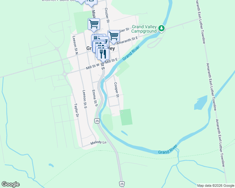 map of restaurants, bars, coffee shops, grocery stores, and more near 53 Cooper Street in Grand Valley