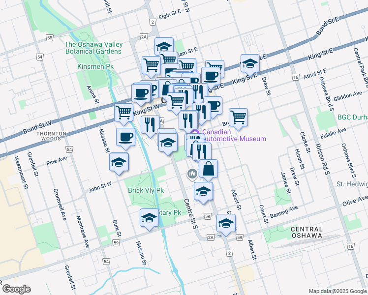 map of restaurants, bars, coffee shops, grocery stores, and more near 110 Simcoe Street South in Oshawa