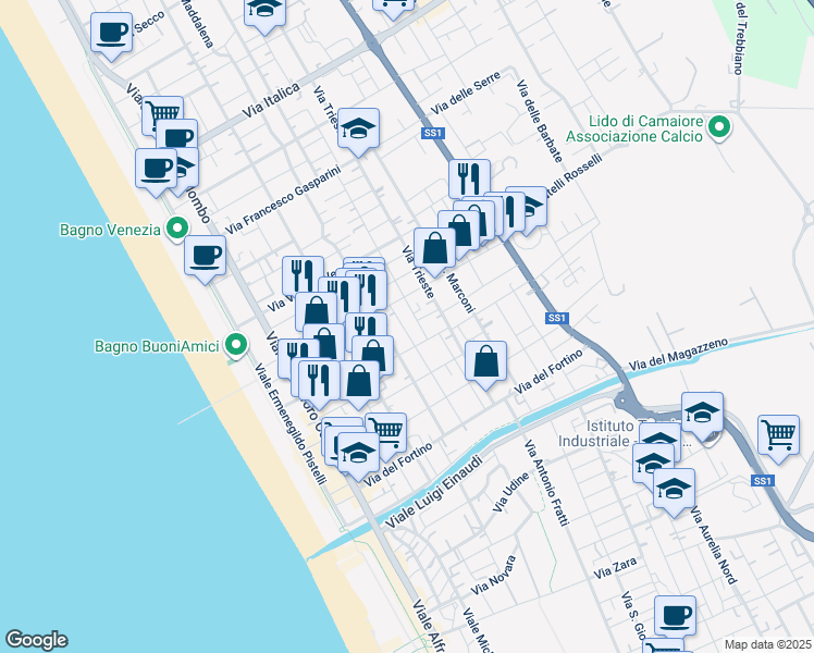 map of restaurants, bars, coffee shops, grocery stores, and more near 51 Via XXV Luglio in Lido di Camaiore