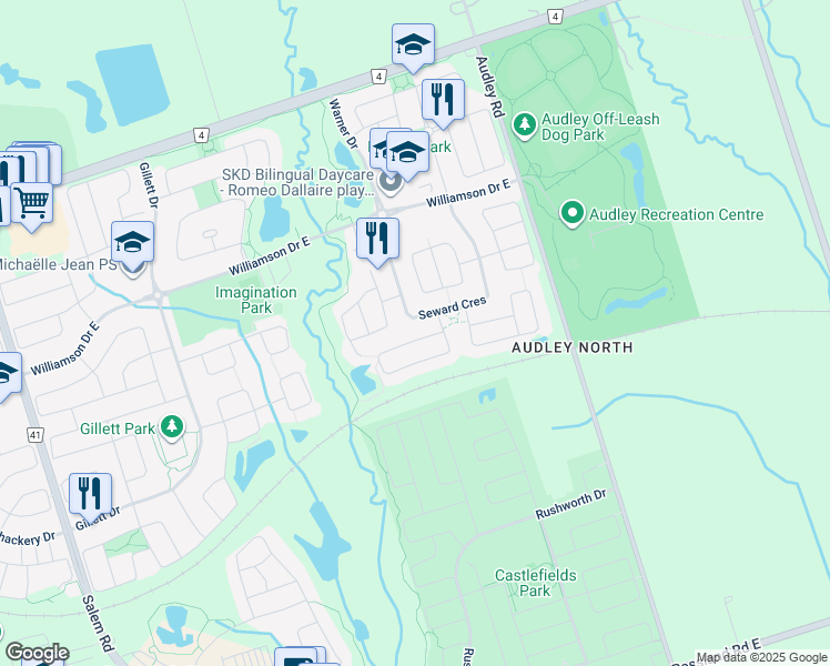 map of restaurants, bars, coffee shops, grocery stores, and more near 20 Westray Crescent in Ajax