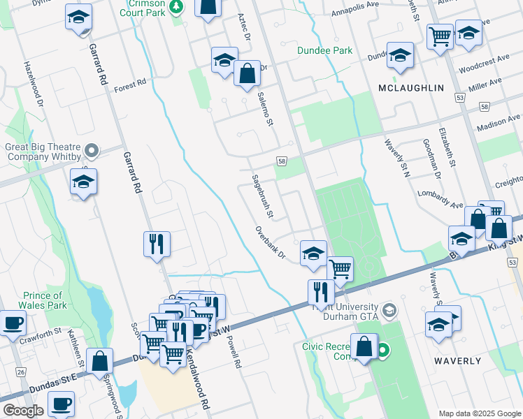 map of restaurants, bars, coffee shops, grocery stores, and more near 180 Sagebrush Street in Oshawa