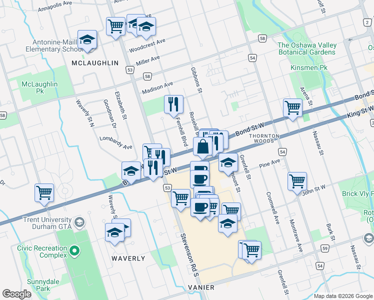 map of restaurants, bars, coffee shops, grocery stores, and more near 28 Fernhill Boulevard in Oshawa