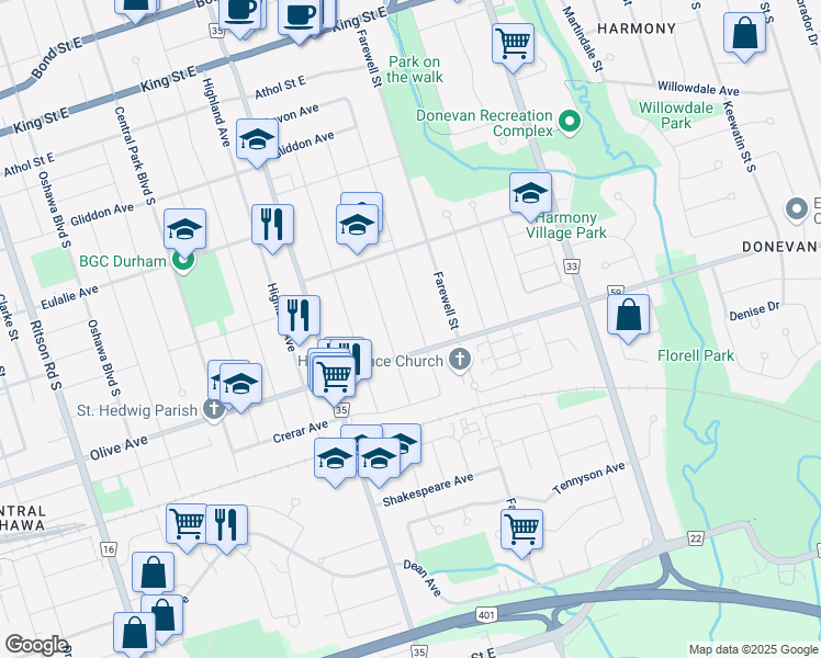 map of restaurants, bars, coffee shops, grocery stores, and more near 318 Guelph Street in Oshawa