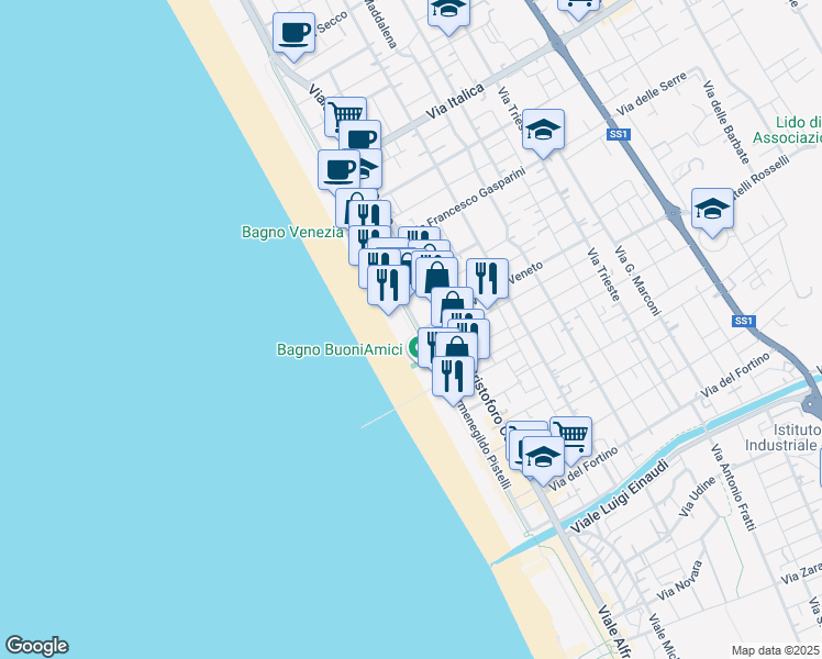 map of restaurants, bars, coffee shops, grocery stores, and more near Pontile Lungomare Europa in Lido di Camaiore