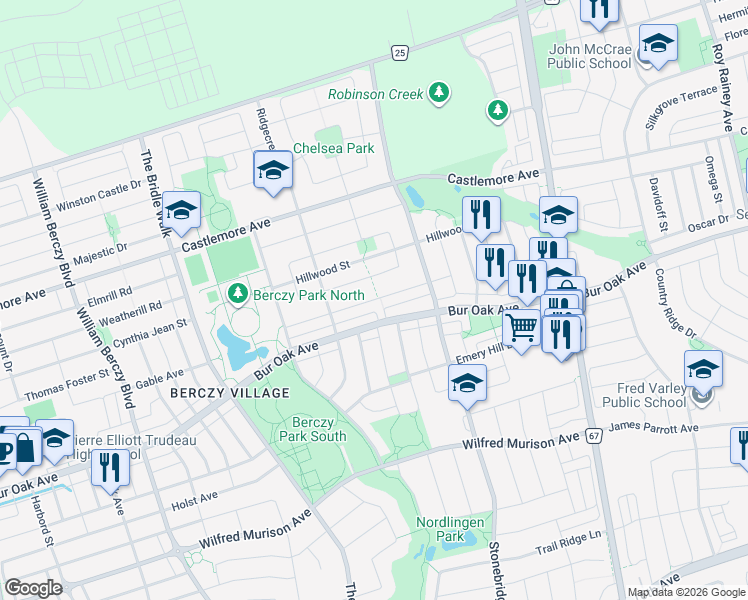 map of restaurants, bars, coffee shops, grocery stores, and more near Warren Bradley Street in Markham