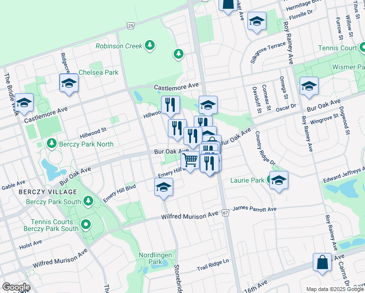 map of restaurants, bars, coffee shops, grocery stores, and more near 516 Bur Oak Avenue in Markham