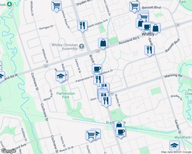 map of restaurants, bars, coffee shops, grocery stores, and more near 932 Brock Street North in Whitby