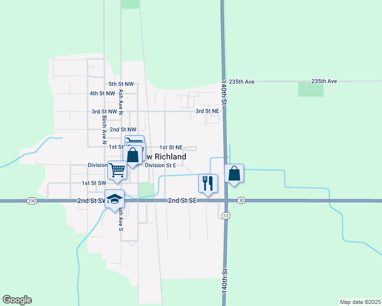 map of restaurants, bars, coffee shops, grocery stores, and more near 312 1st Street Northeast in New Richland