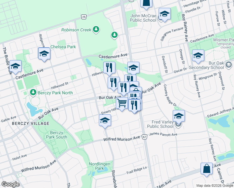 map of restaurants, bars, coffee shops, grocery stores, and more near 516 Bur Oak Avenue in Markham