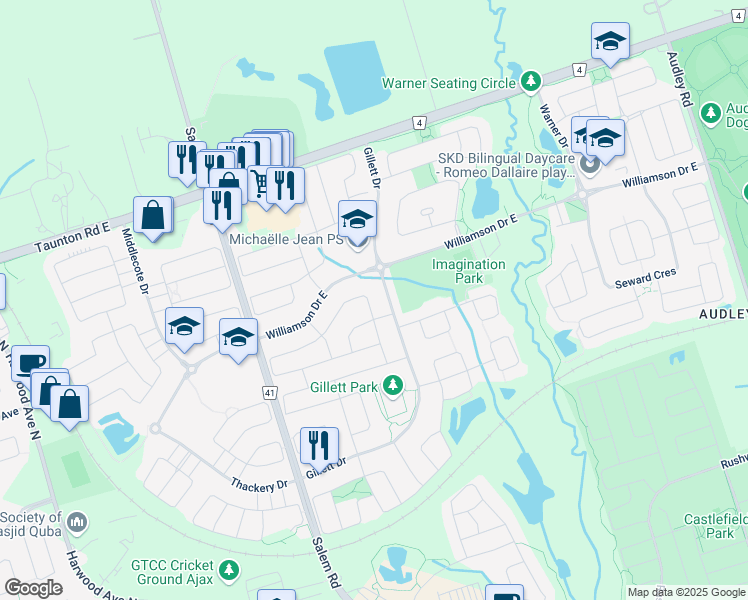 map of restaurants, bars, coffee shops, grocery stores, and more near 9 Oswell Drive in Ajax