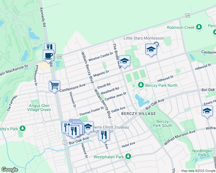 map of restaurants, bars, coffee shops, grocery stores, and more near 105 Elmrill Road in Markham