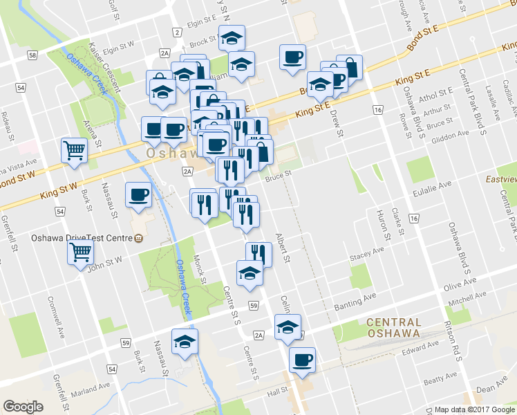 map of restaurants, bars, coffee shops, grocery stores, and more near 123 Celina Street in Oshawa