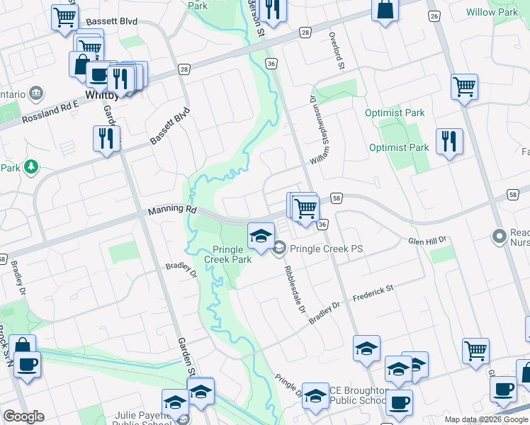 map of restaurants, bars, coffee shops, grocery stores, and more near 100 Ribblesdale Drive in Whitby