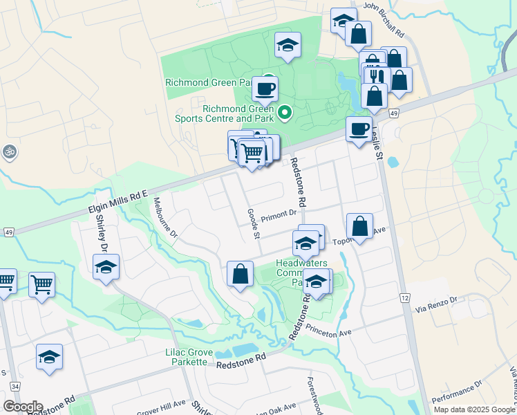 map of restaurants, bars, coffee shops, grocery stores, and more near 15 Amulet Crescent in Richmond Hill