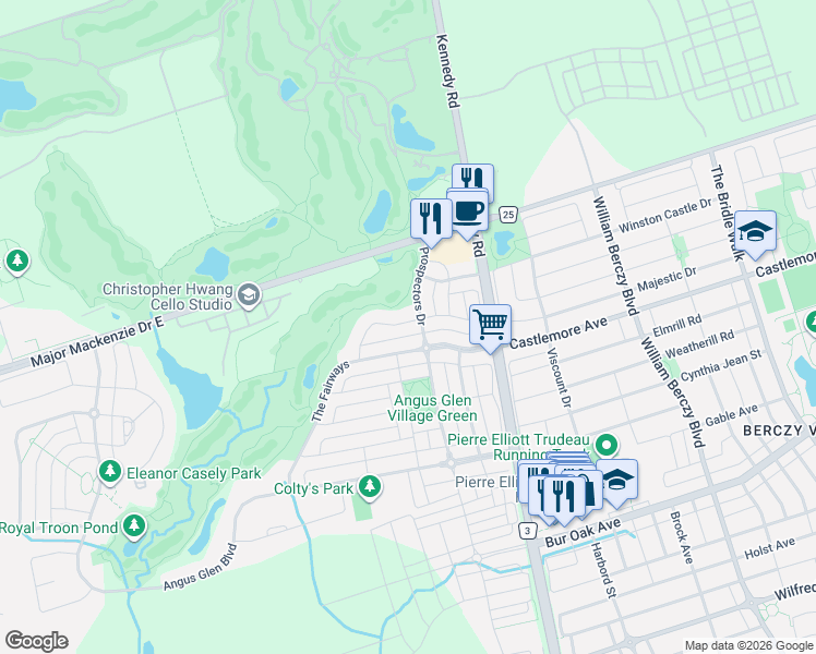map of restaurants, bars, coffee shops, grocery stores, and more near 31 Harper Hill Road in Markham