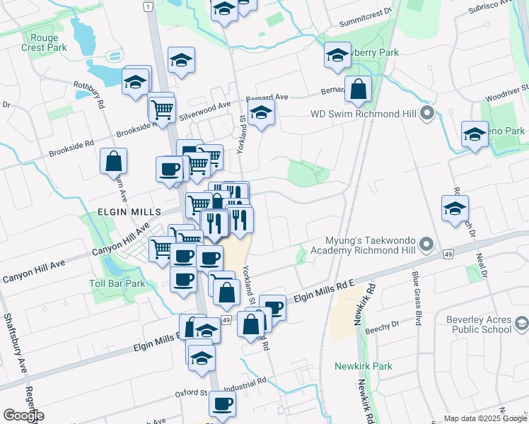 map of restaurants, bars, coffee shops, grocery stores, and more near 32 Lorraine Street in Richmond Hill
