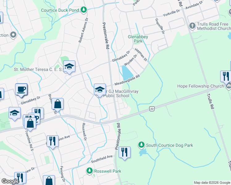 map of restaurants, bars, coffee shops, grocery stores, and more near in Courtice