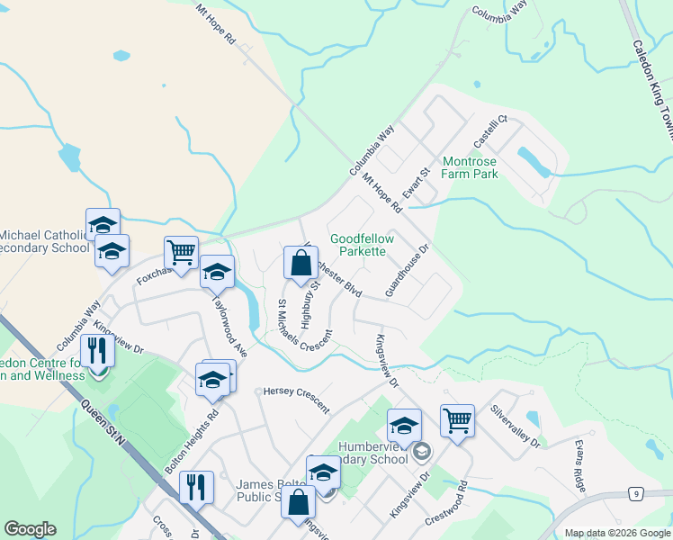 map of restaurants, bars, coffee shops, grocery stores, and more near 1 Goodfellow Crescent in Caledon
