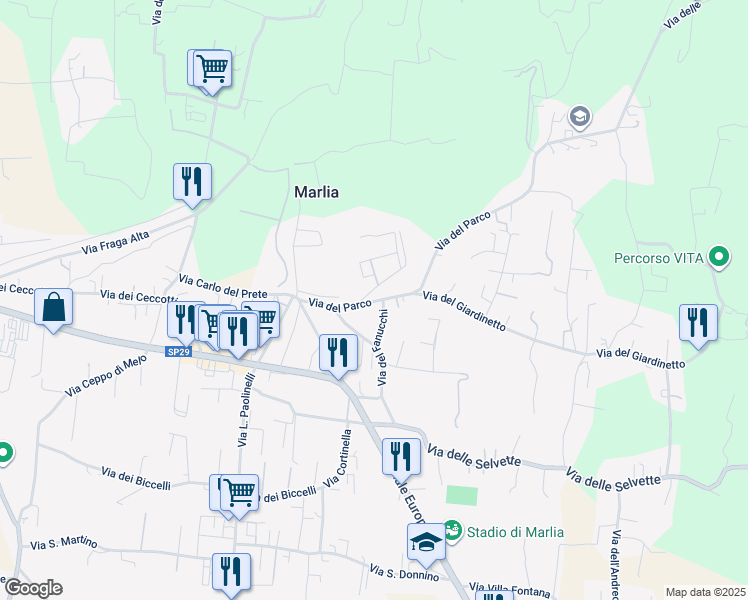 map of restaurants, bars, coffee shops, grocery stores, and more near 9 Via del Parco in Capannori