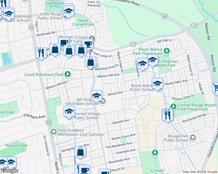 map of restaurants, bars, coffee shops, grocery stores, and more near in Markham