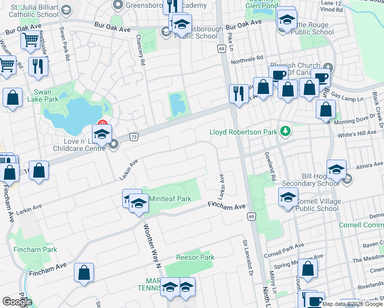 map of restaurants, bars, coffee shops, grocery stores, and more near 112 Tilman Circle in Markham