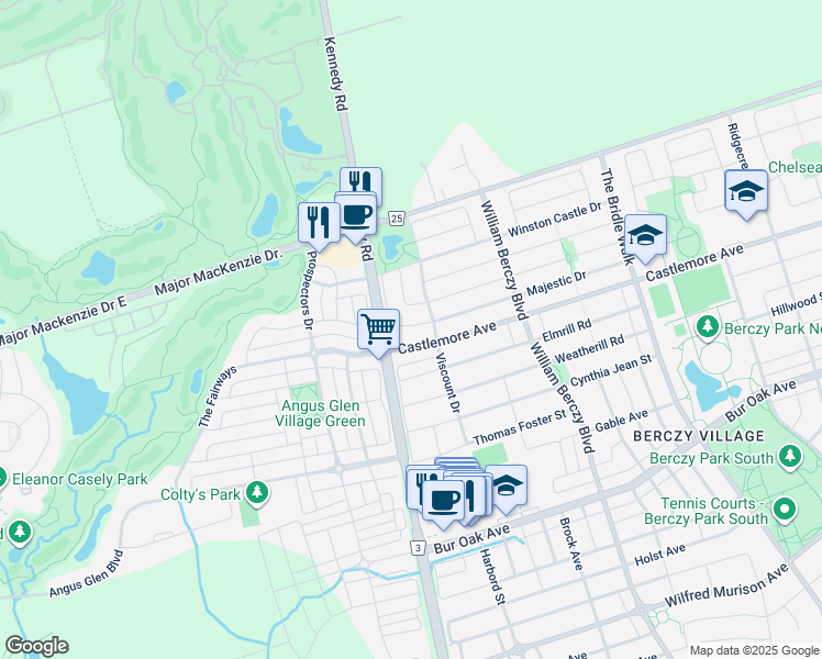 map of restaurants, bars, coffee shops, grocery stores, and more near 12 Castlemore Avenue in Markham