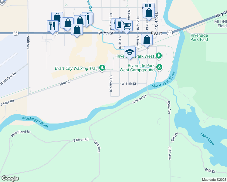 map of restaurants, bars, coffee shops, grocery stores, and more near 515 South Cherry Street in Evart