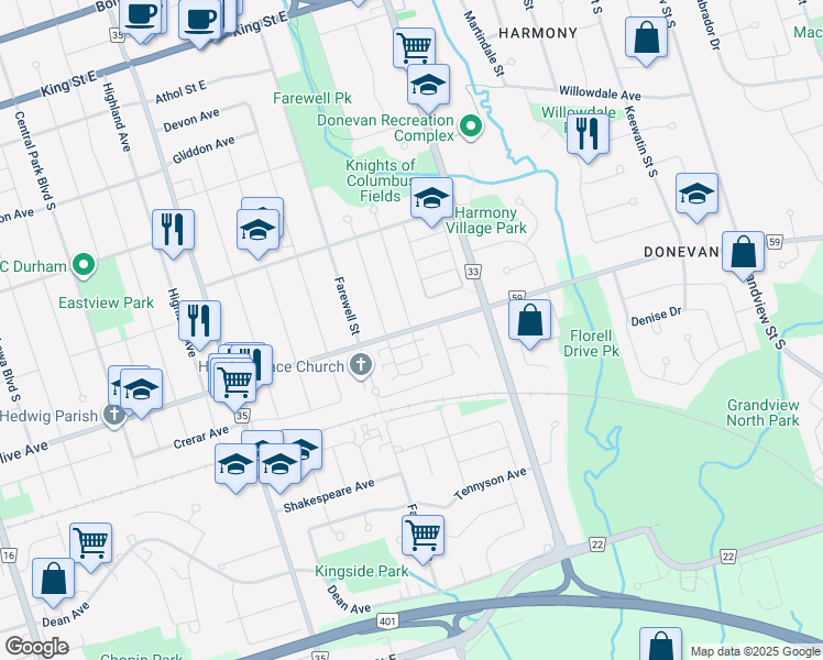 map of restaurants, bars, coffee shops, grocery stores, and more near Linden Street in Oshawa