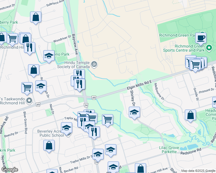 map of restaurants, bars, coffee shops, grocery stores, and more near 850 Elgin Mills Road East in Richmond Hill