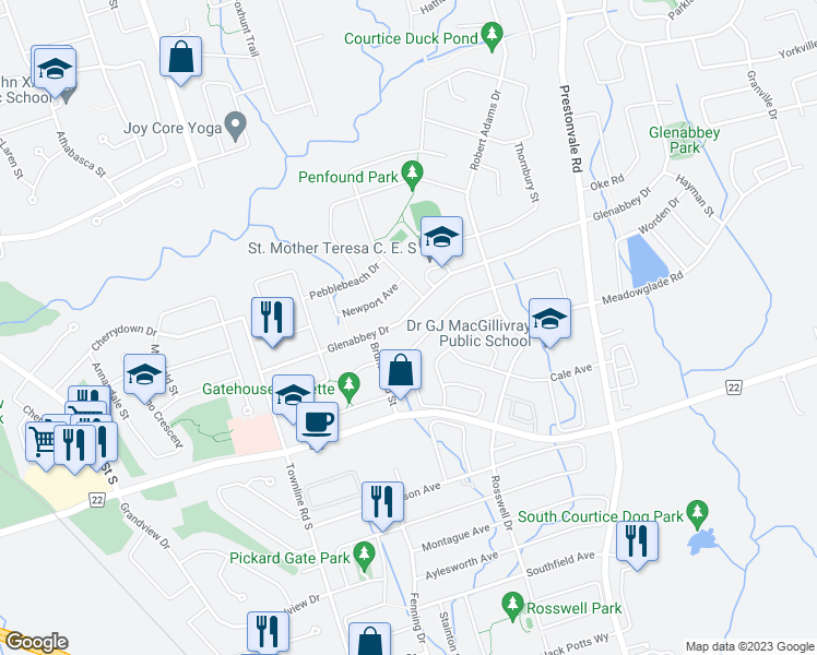 map of restaurants, bars, coffee shops, grocery stores, and more near 57 Glenabbey Drive in Courtice
