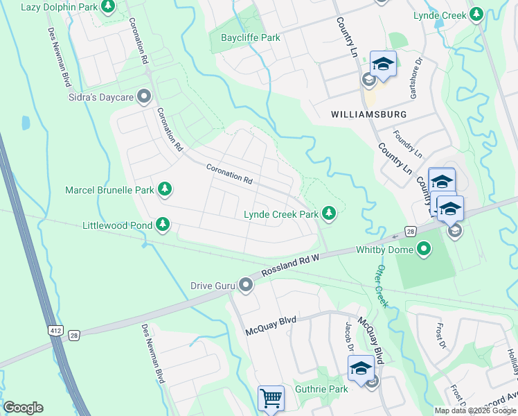 map of restaurants, bars, coffee shops, grocery stores, and more near 3 Dumaine St in Whitby