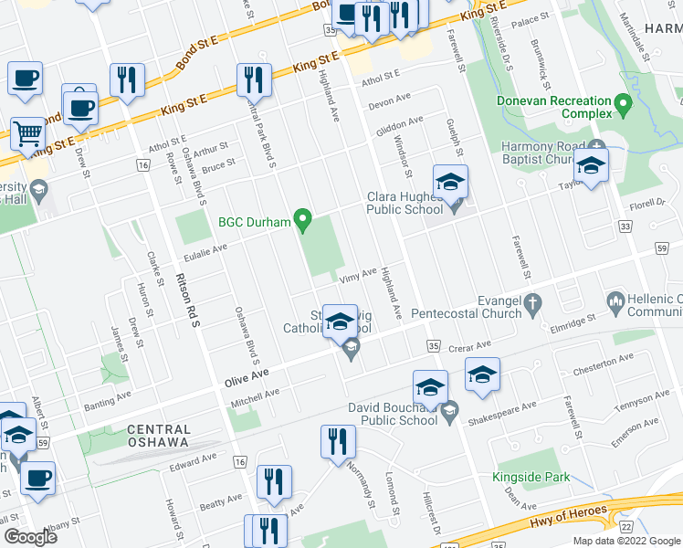 map of restaurants, bars, coffee shops, grocery stores, and more near 464 Vimy Avenue in Oshawa