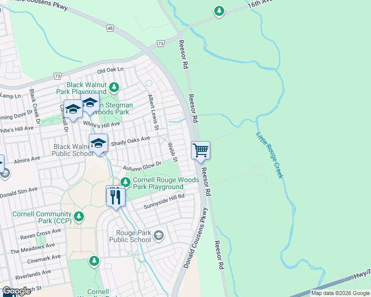 map of restaurants, bars, coffee shops, grocery stores, and more near Bellevue Lane in Markham