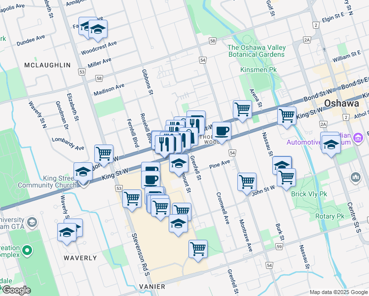 map of restaurants, bars, coffee shops, grocery stores, and more near in Oshawa