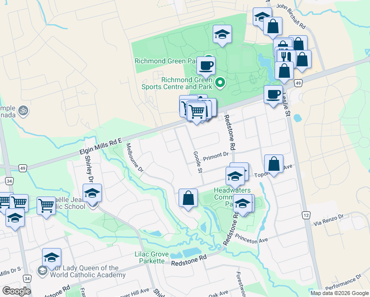 map of restaurants, bars, coffee shops, grocery stores, and more near 55 Heritage Hollow Estate Street in Richmond Hill