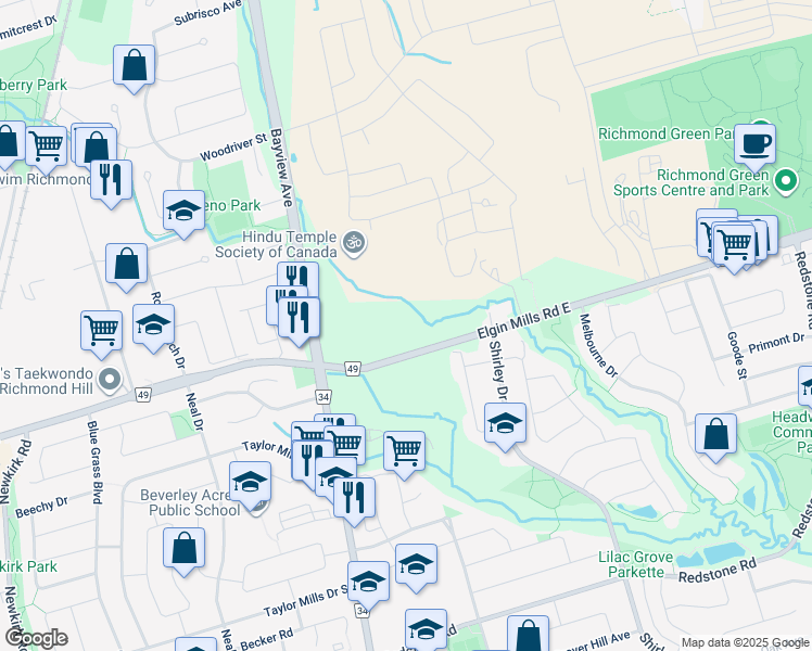 map of restaurants, bars, coffee shops, grocery stores, and more near 850 Elgin Mills Road East in Richmond Hill
