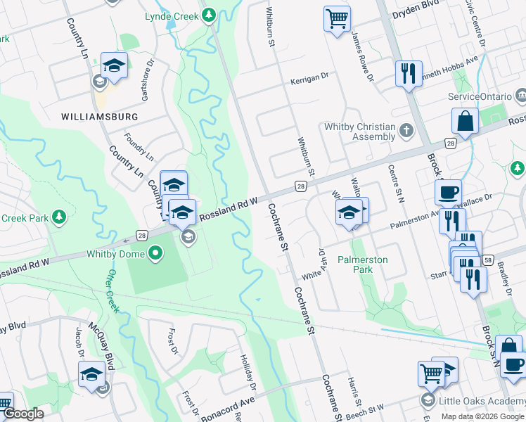 map of restaurants, bars, coffee shops, grocery stores, and more near 30 Lynde Court in Whitby