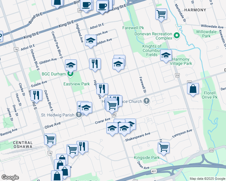 map of restaurants, bars, coffee shops, grocery stores, and more near in Oshawa
