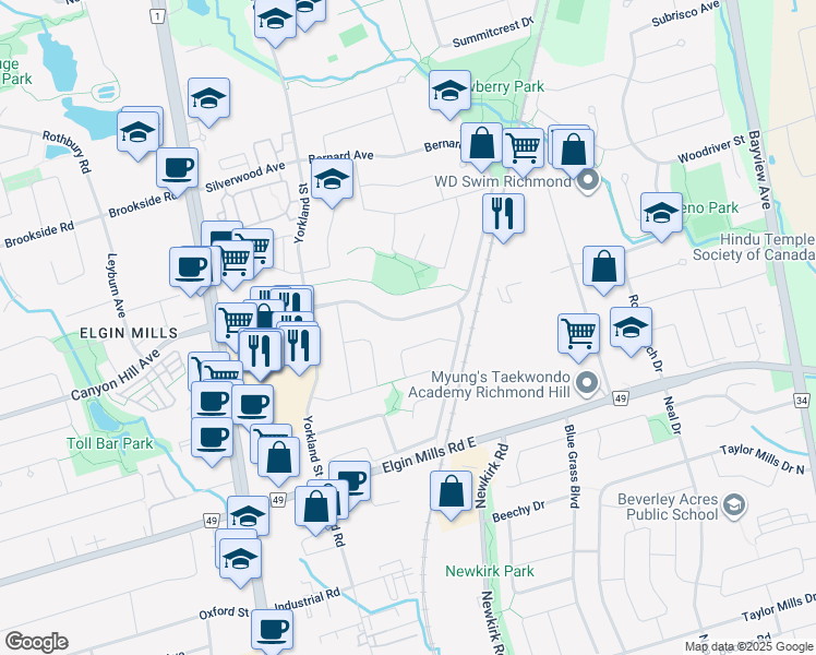 map of restaurants, bars, coffee shops, grocery stores, and more near 59 Justus Drive in Richmond Hill