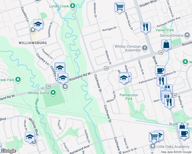 map of restaurants, bars, coffee shops, grocery stores, and more near 1002 Cochrane Street in Whitby