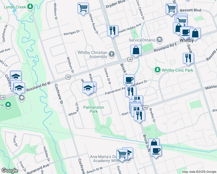 map of restaurants, bars, coffee shops, grocery stores, and more near 1006 Centre Street North in Whitby