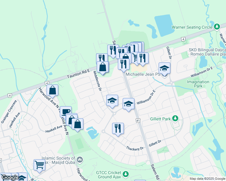 map of restaurants, bars, coffee shops, grocery stores, and more near 71 Dunwell Crescent in Ajax