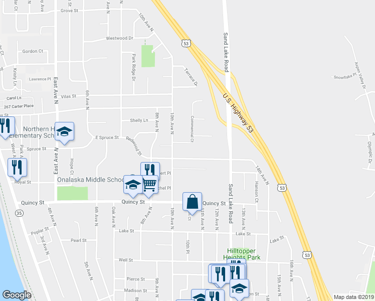 map of restaurants, bars, coffee shops, grocery stores, and more near 1037 Redwood Street in Onalaska