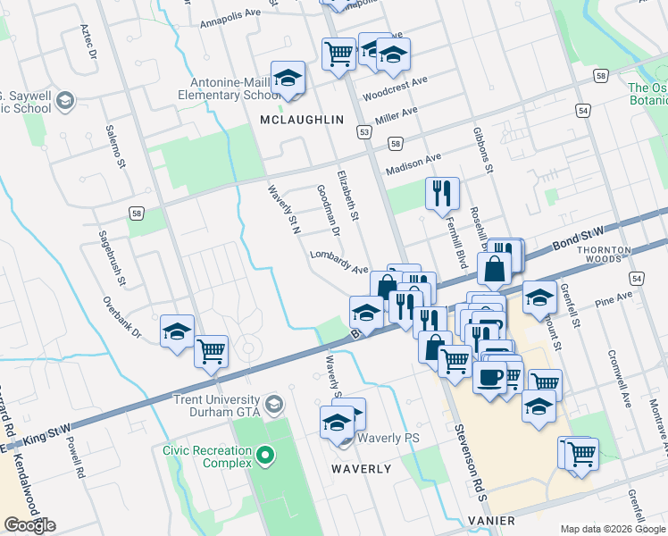 map of restaurants, bars, coffee shops, grocery stores, and more near 575 Lombardy Avenue in Oshawa