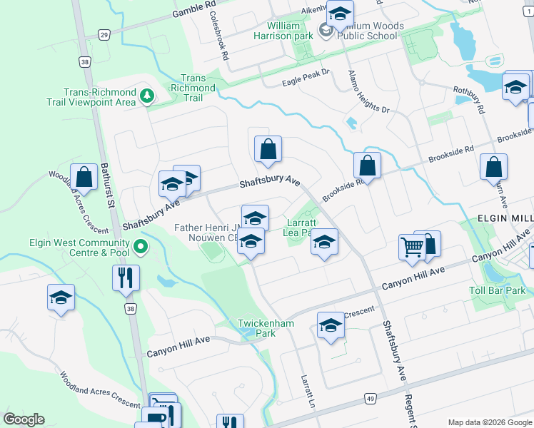 map of restaurants, bars, coffee shops, grocery stores, and more near 36 Springer Drive in Richmond Hill