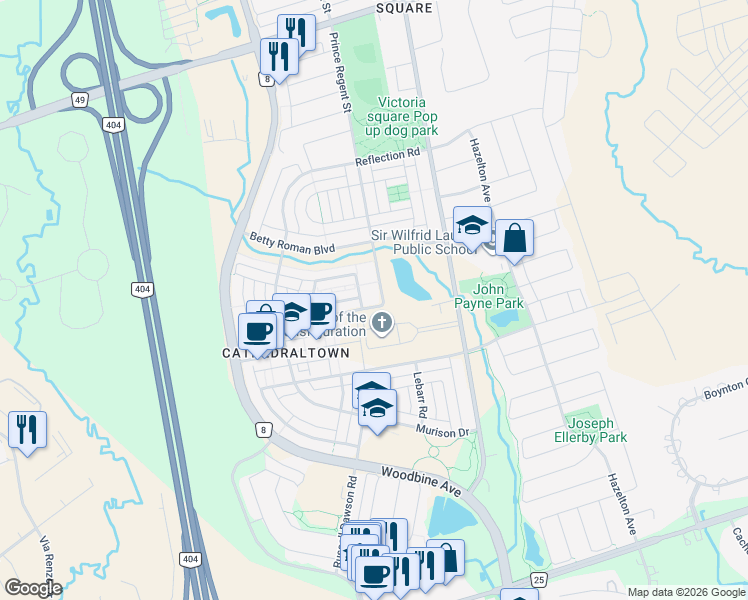 map of restaurants, bars, coffee shops, grocery stores, and more near 28 Prince Regent Street in Markham
