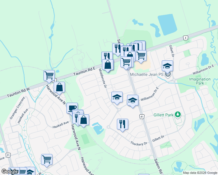 map of restaurants, bars, coffee shops, grocery stores, and more near 6 Hinchcliff Gate in Ajax